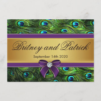 Invitations de mariage de plume de paon de pourpre