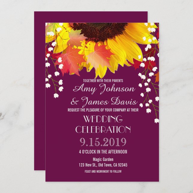 Invitations de mariage de prune de tournesol rusti (Devant / Derrière)