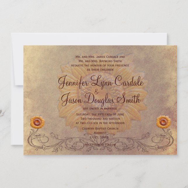 Invitations de mariage de tournesol rustique (Devant)