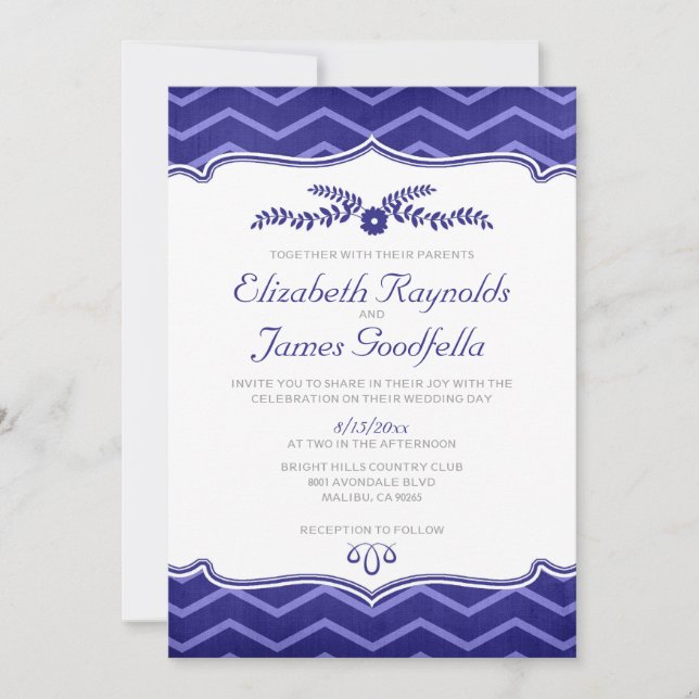 Invitations de mariage de zigzag de bleu marine (Devant)