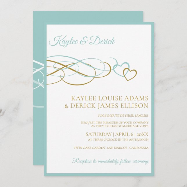 Invitations de mariage des coeurs | Lt Turquoise & (Devant / Derrière)
