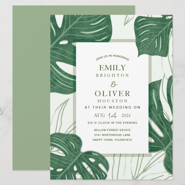 Invitations de mariage des feuilles de Monstera tr (Devant / Derrière)