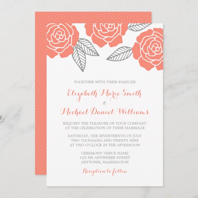 Invitations de mariage des Roses gris et corail mo (Devant / Derrière)
