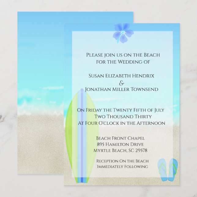 Invitations de mariage des surfeurs de plage (Devant / Derrière)