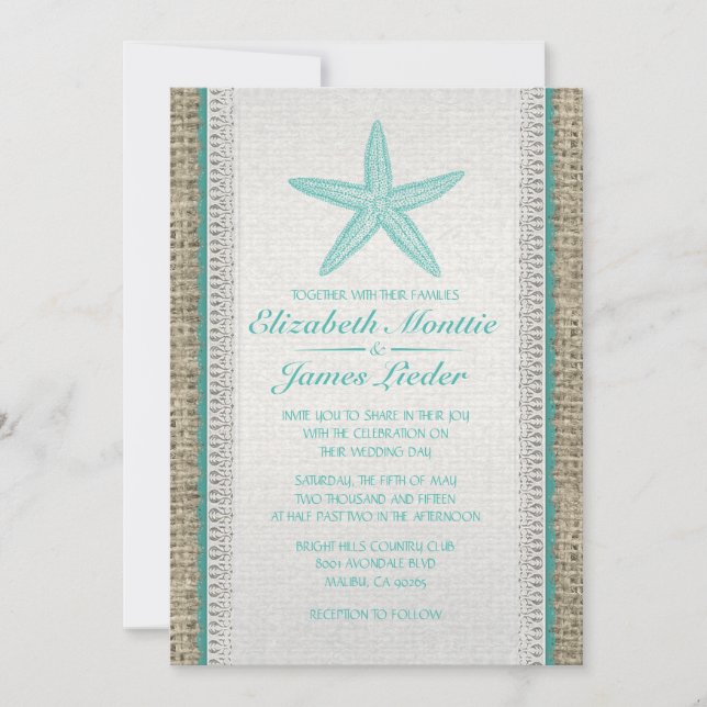 Invitations de mariage d'étoiles de mer de pays (Devant)