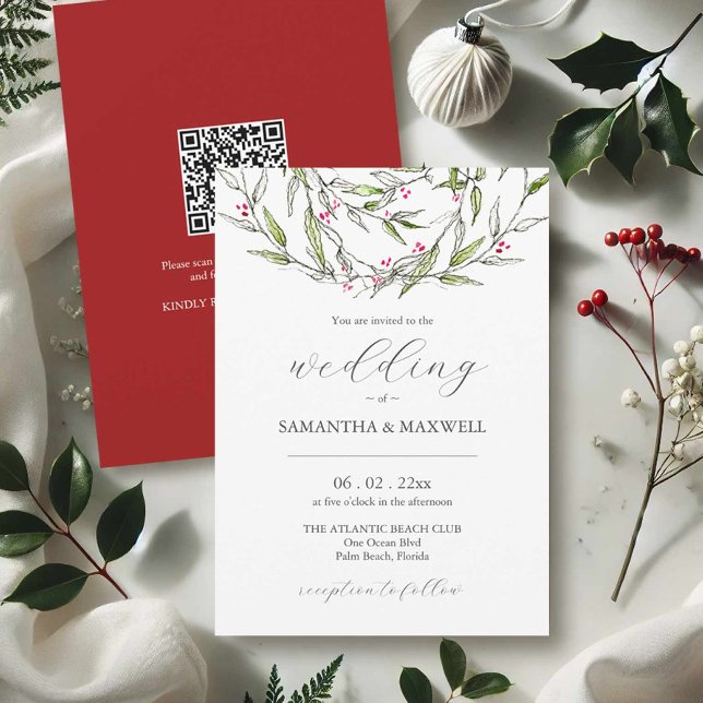 Invitations de mariage d'hiver avec code QR (Christmas wedding invitations printing with hand painted art by Victoria Grigaliunas Do Tell A Belle)