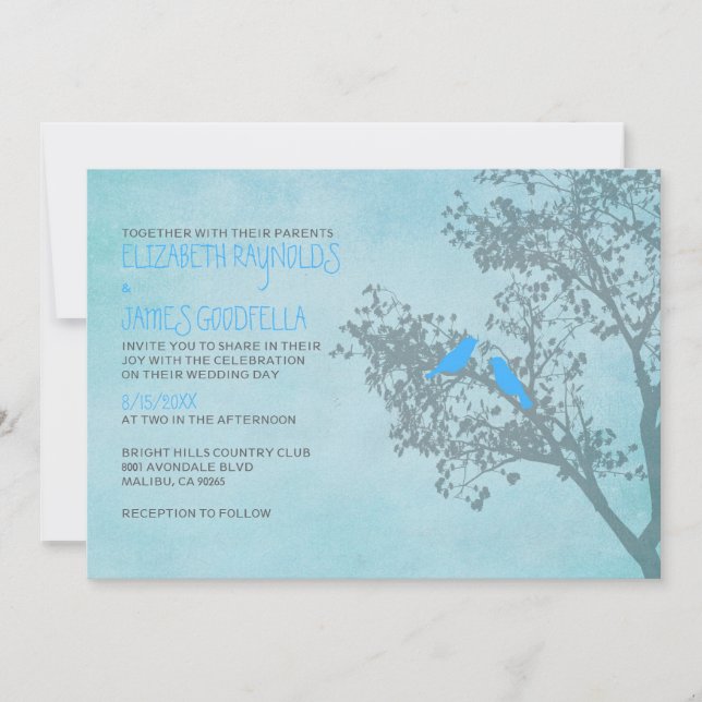 Invitations de mariage d'oiseaux bleus rustiques (Devant)