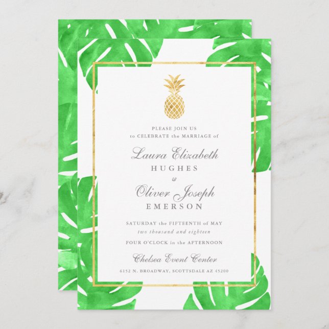 Invitations de mariage d'or à ananas tropical (Devant / Derrière)