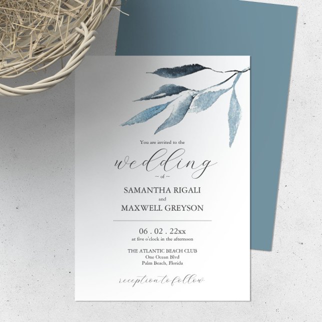 Invitations de mariage Dusty Bleu Botaniques (Dusty blue wedding invitation botanical watercolor leaves by Victoria Grigaliunas of Do Tell A Belle)