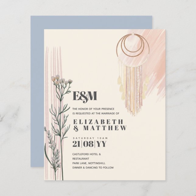 Invitations de mariage Dusty Blue Boho (Devant / Derrière)