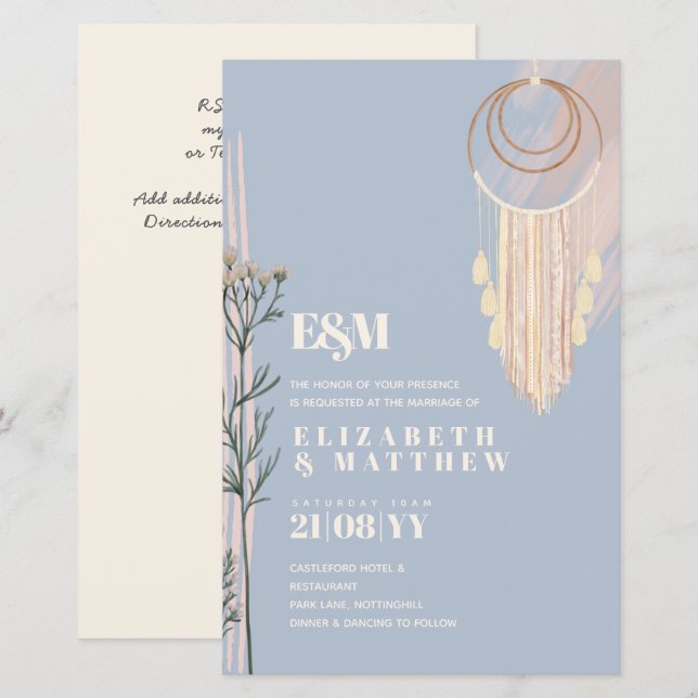 Invitations de mariage Dusty Blue Boho (Devant / Derrière)