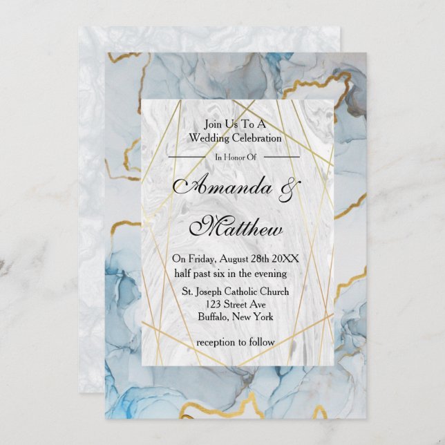 Invitations de mariage Dusty Blue et Gold Marble (Devant / Derrière)
