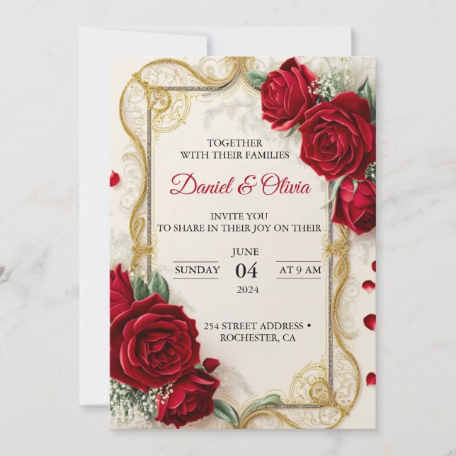 Invitations de mariage Élégant avec des fleurs rou (Devant)