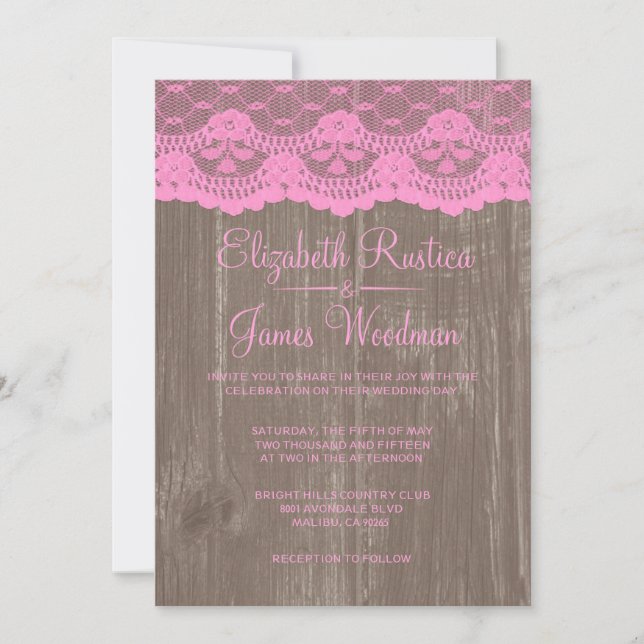 Invitations de mariage en bois de dentelle rose Br (Devant)