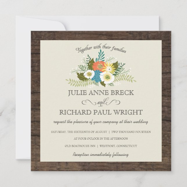 Invitations de mariage en bois de la grange floral (Devant)
