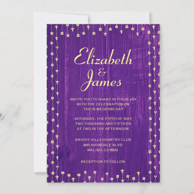 Invitations de mariage en bois rustique violet et  (Devant)
