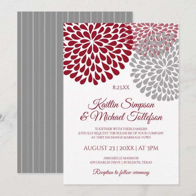 Invitations de mariage en Bourgogne et gris | Flor (Devant / Derrière)