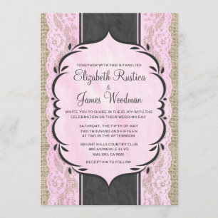 Invitations de mariage en dentelle noire rose Vint