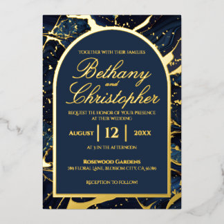 Invitations de mariage en marbre bleu et or Marine