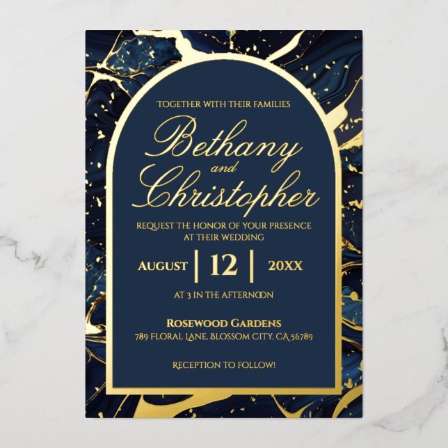 Invitations de mariage en marbre bleu et or Marine (Recto)