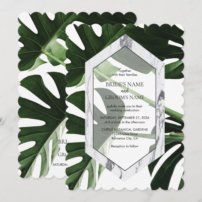 Invitations de mariage en marbre de Monstera tropi (Devant / Derrière)