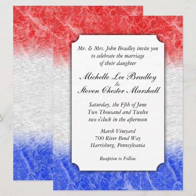 Invitations de mariage en marbre rouge blanc et bl (Devant / Derrière)