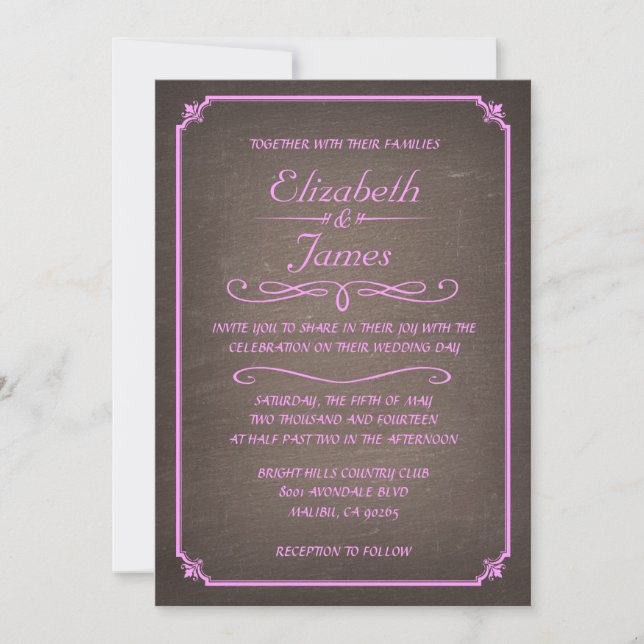Invitations de mariage en tableau de bord rose et  (Devant)