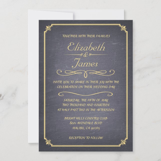 Invitations de mariage en tableau noir et or (Devant)