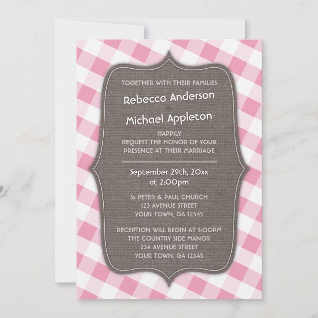 Invitations de mariage en toile En vichy rose et b (Devant)