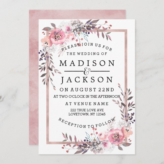 Invitations de mariage encadrées d'or Blush & Rose (Devant / Derrière)