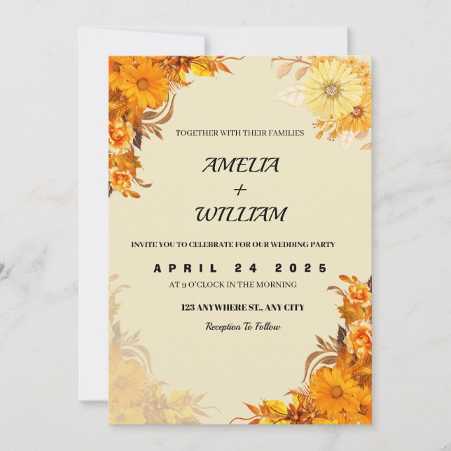 Invitations de mariage esthétique orange (Devant)