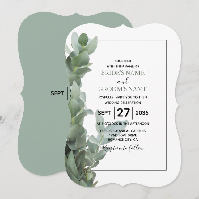 Invitations de mariage Eucalyptus Dollar Argent (Devant / Derrière)