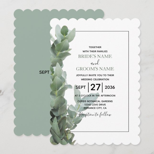 Invitations de mariage Eucalyptus Dollar Argent (Devant / Derrière)