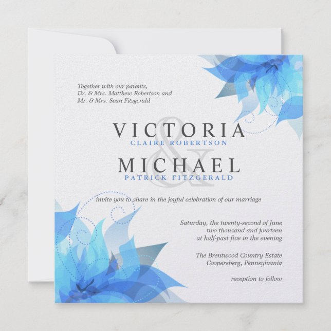 Invitations de mariage floral blanc et bleu profon (Devant)