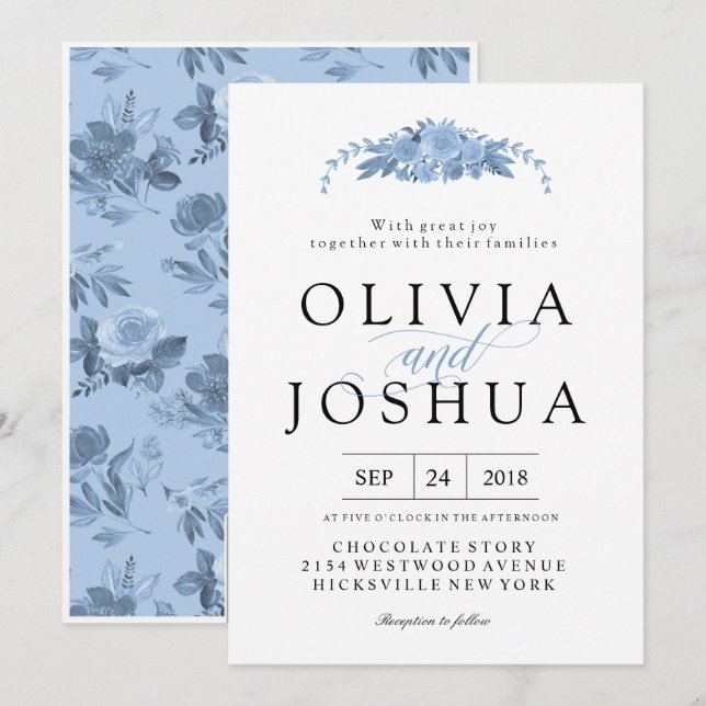 Invitations de mariage Floral bleu (Devant / Derrière)