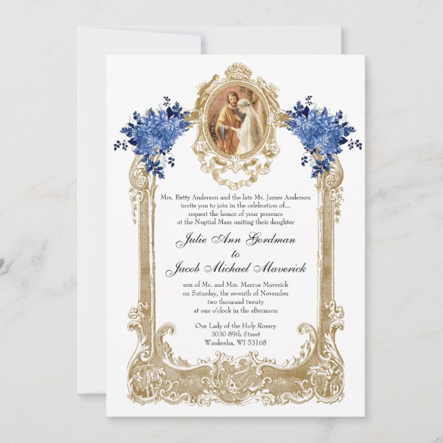 INVITATIONS DE MARIAGE FLORAL BLEU CATHOLIQUE (Devant)