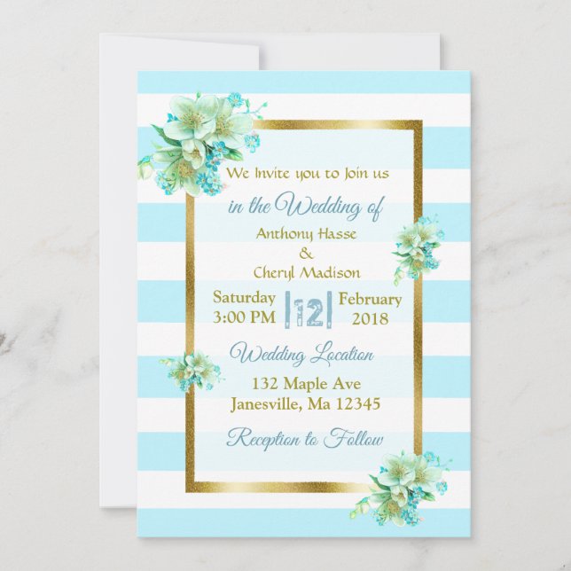 Invitations de mariage Floral Bleu et Or (Devant)