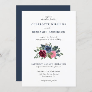 Invitations de mariage floral bleu marine et borde