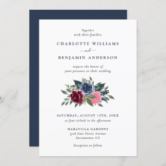 Invitations de mariage floral bleu marine et borde