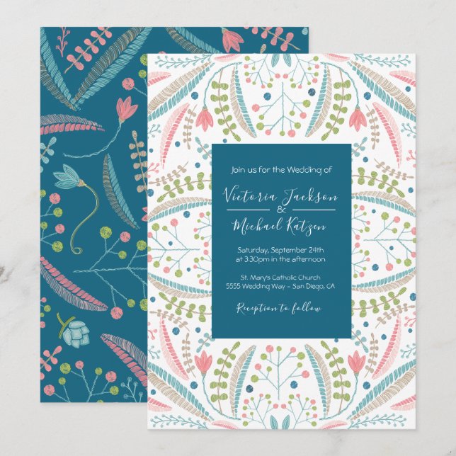 Invitations de mariage floral broderie (Devant / Derrière)