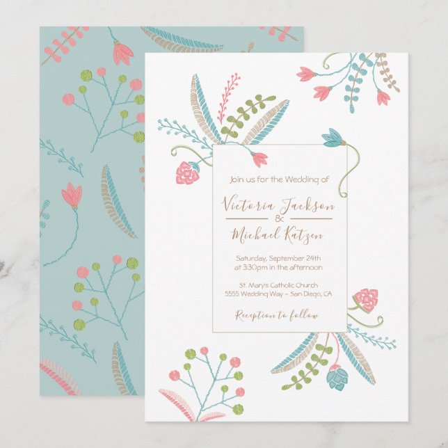 Invitations de mariage floral broderie (Devant / Derrière)
