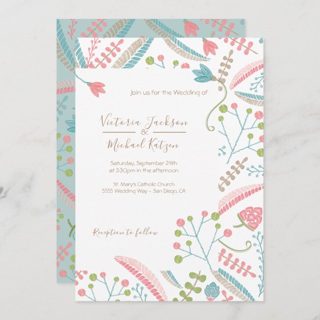 Invitations de mariage floral broderie (Devant / Derrière)