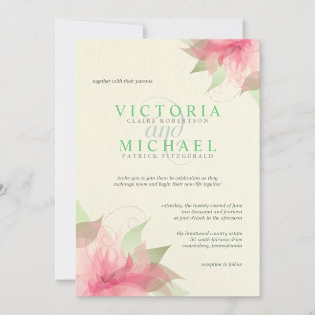 Invitations de mariage floral de Pink Green Ecru (Devant)