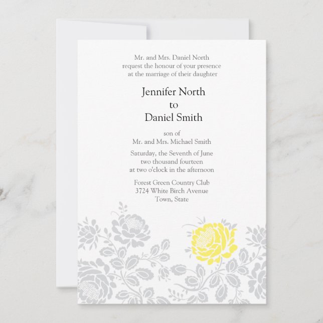 Invitations de mariage floral gris-jaune (Devant)