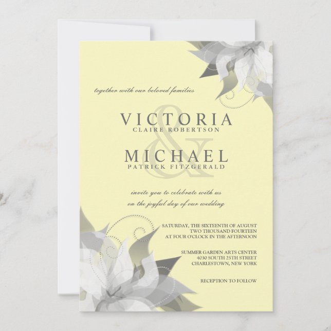 Invitations de mariage floral gris jaune pastel (Devant)