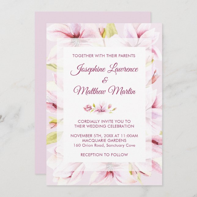 Invitations de mariage floral Magnolia Spring (Devant / Derrière)