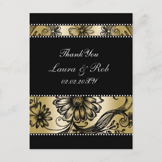 Invitations de mariage floral noir et or (Devant)