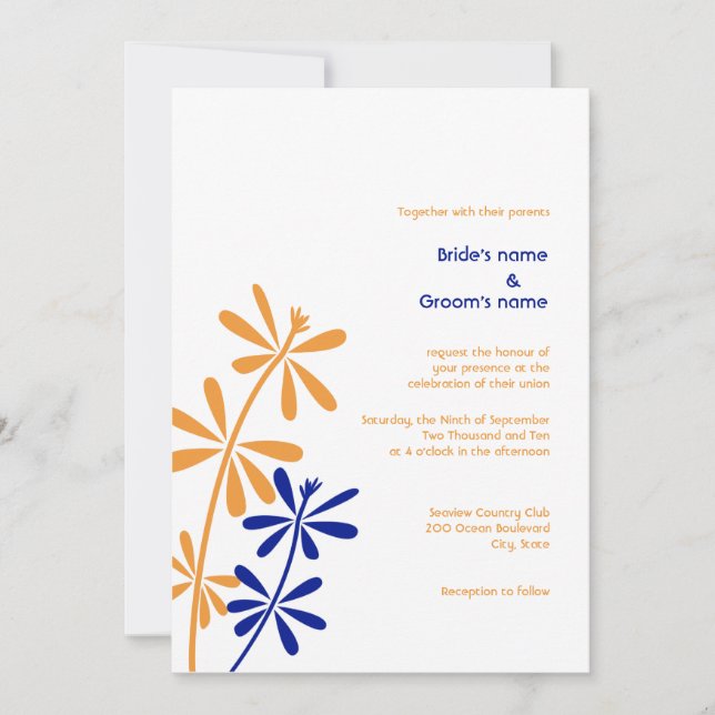 Invitations de mariage floral orange et bleu (Devant)