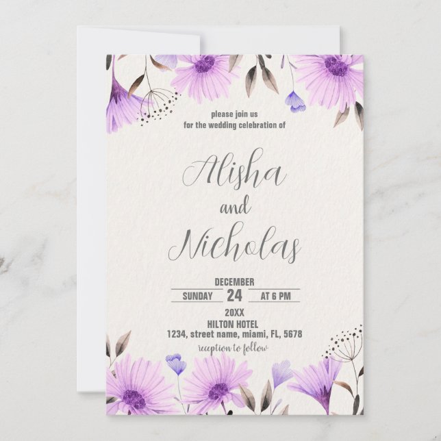 Invitations de mariage floral pourpre (Devant)