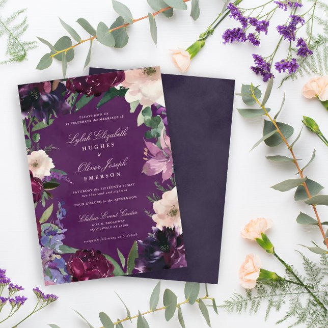 Invitations de mariage floral pourpre d'aubergine (Créateur téléchargé)